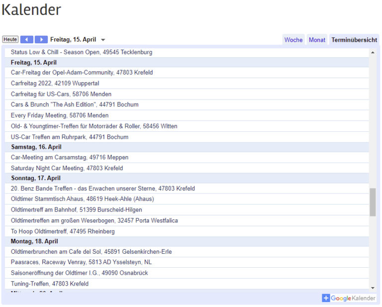 Kalenderseite von Oldtimer NRW – Käferfreunde Pendelachse